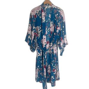 Floral Printed‎ Dressing Gown Belted Robe Kimono Cottage Core Blue Pink Size MD*